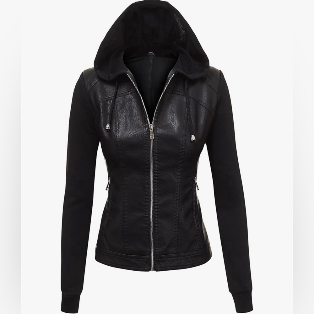Women's Black Faux Leather Jacket with Hood ‼️please read description‼️